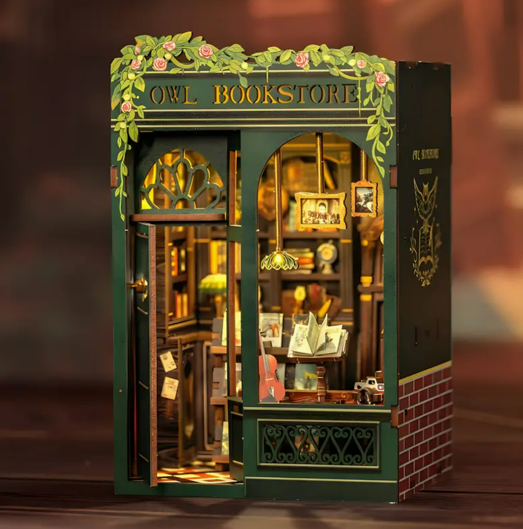 OWL Bookstore Mini Book Nook Kit - DIY Wooden Puzzle - Miniature House