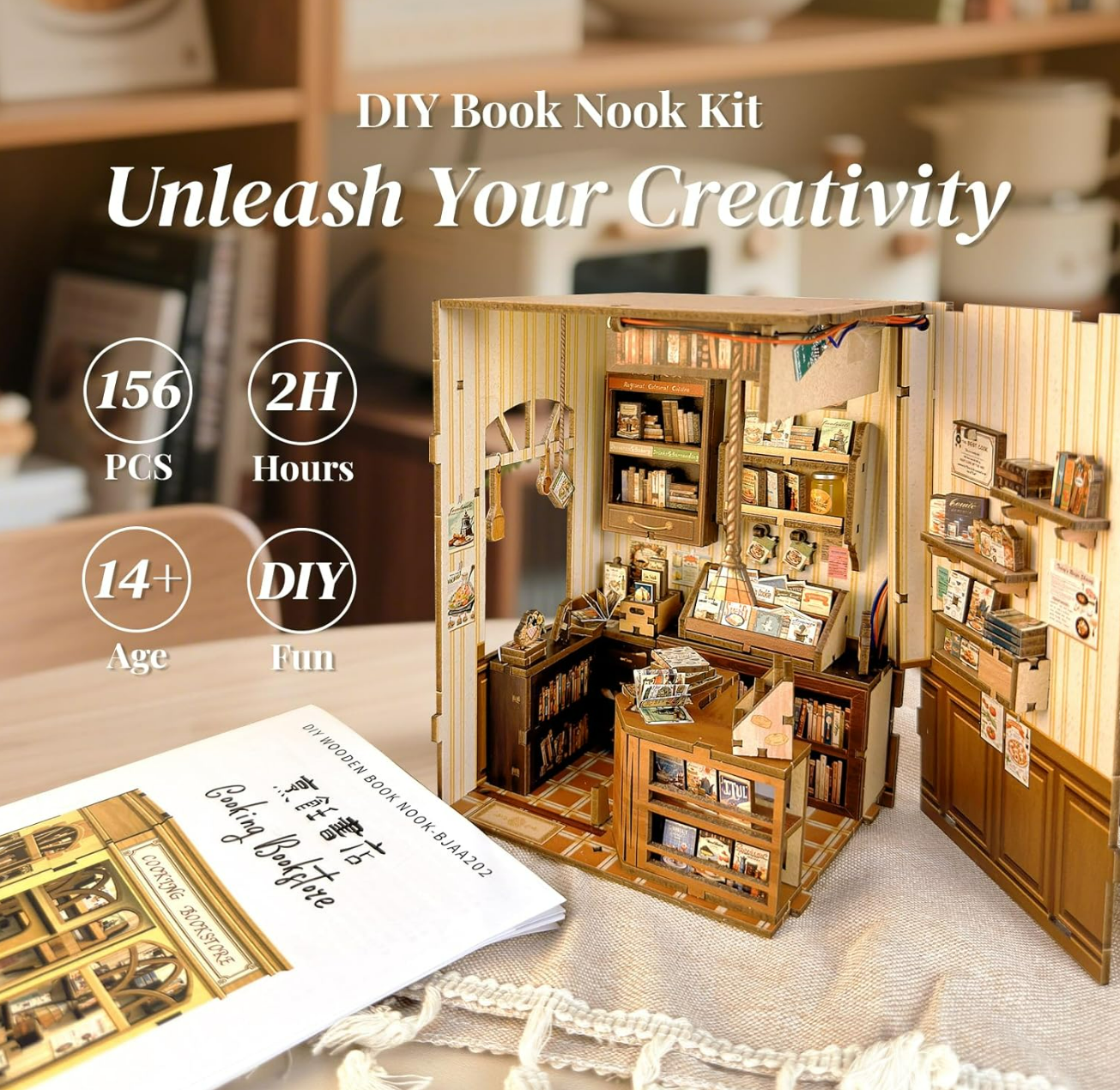Mini Book Nook Kit-Cooking bookstore DIY Wooden Puzzle - Miniature House