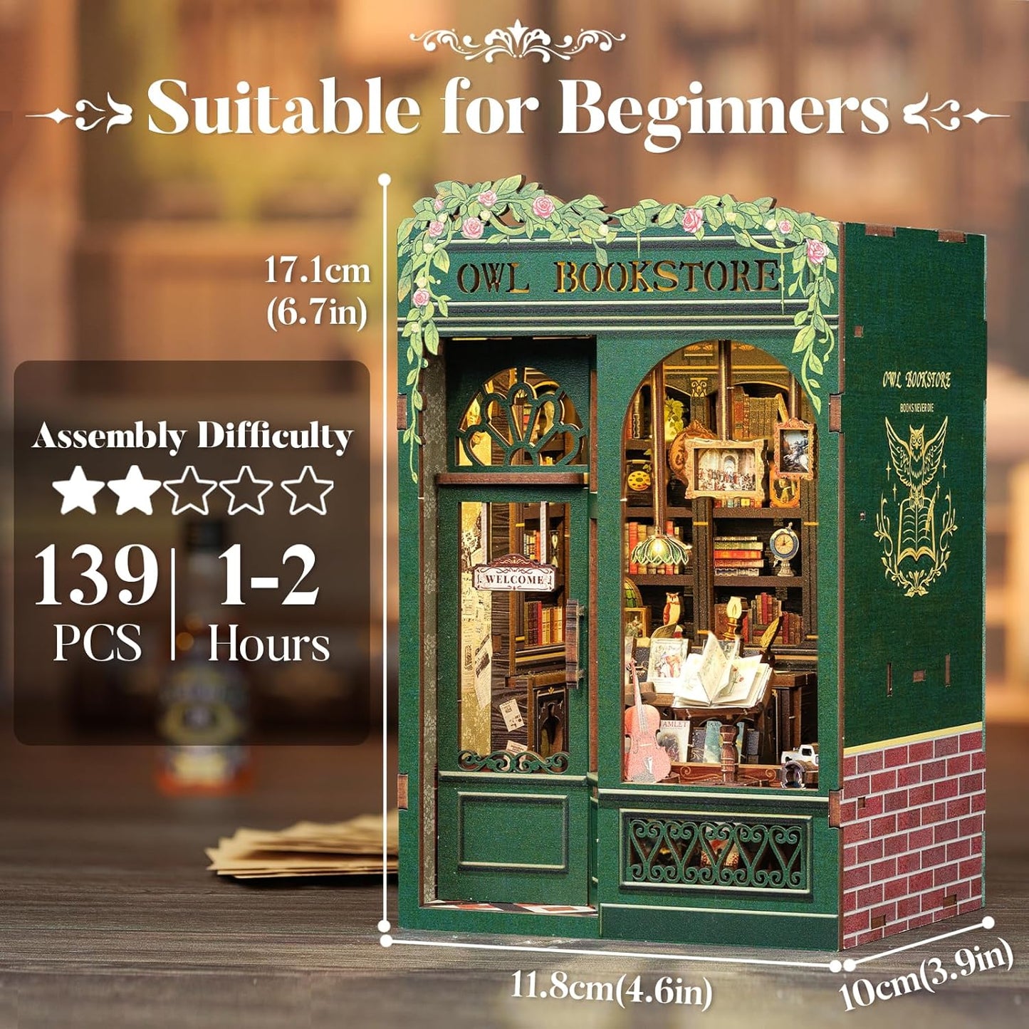 OWL Bookstore Mini Book Nook Kit - DIY Wooden Puzzle - Miniature House