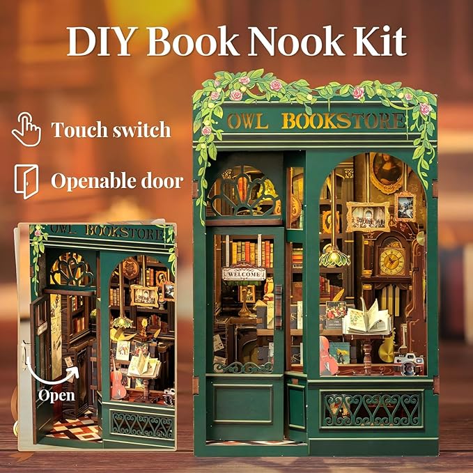 OWL Bookstore Mini Book Nook Kit - DIY Wooden Puzzle - Miniature House